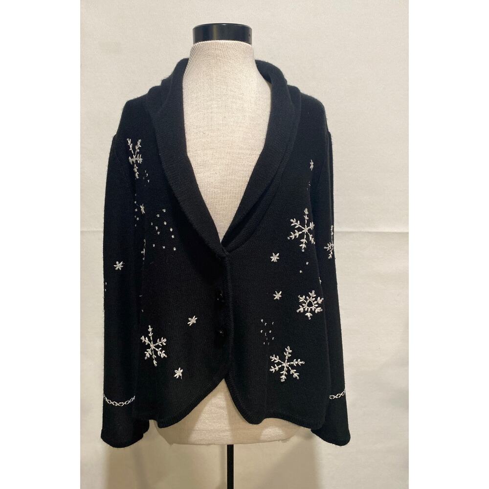 Winter Holiday Women’s Shaw Collar Stitched Snowflakes Button Up Cardigan Sz 1X